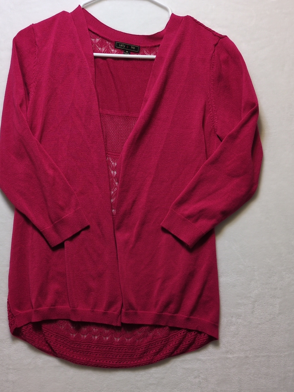 Lety & Me Fuchsia Lace Back Cardigan Medium Magenta 3/4 Sleeve Open Front Knit